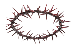 A crown of thorns with sharp, red tipped spikes arranged in circular pattern, symbolizing suffering and sacrifice. thorns are intricately detailed, creating dramatic and intense visual png