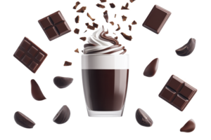 A delicious chocolate dessert in glass is surrounded by chocolate pieces and cocoa beans, creating rich and indulgent atmosphere. swirled topping adds touch of elegance png