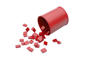 A red cup is tipped over, spilling numerous small red tiles onto surface, creating scattered and dynamic arrangement. scene is vibrant and visually striking png