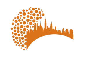 An image features orange city skyline silhouette with dotted pattern forming semicircle, creating modern and dynamic design. skyline includes various skyscrapers, suggesting urban theme png