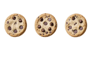 A Three delicious chocolate chip cookies are arranged in row, showcasing their golden brown texture and generous chocolate chunks. cookies evoke sense of warmth and indulgence png