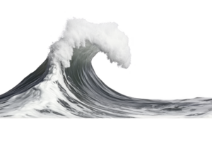A powerful ocean wave curls dramatically, showcasing dynamic movement and energy of sea. frothy white crest contrasts with deep blue water, capturing essence of nature force png