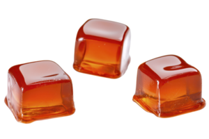 A Three translucent amber colored gelatin cubes are arranged on transparency background, showcasing their smooth texture and glossy surface. cubes appear appetizing and inviting png