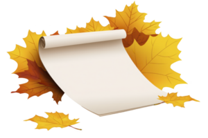 A blank scroll is elegantly placed among vibrant autumn leaves, creating warm and inviting seasonal atmosphere. combination of scroll and leaves evokes sense of nostalgia and creativity png