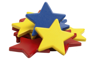 A pile of colorful star shaped objects in red, yellow, and blue, creating playful and vibrant arrangement. stars are stacked randomly, showcasing cheerful and lively design png