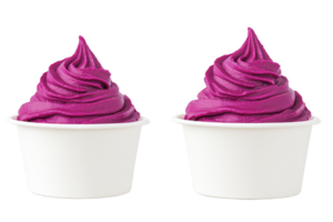 A Two cups of vibrant purple ice cream are displayed, showcasing smooth and creamy texture. ice cream is swirled elegantly in white paper cups, creating visually appealing and delicious treat png