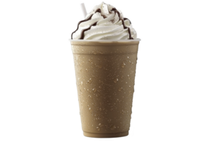 A delicious iced coffee drink topped with whipped cream and chocolate drizzle in plastic cup, with condensation on outside, creating refreshing and indulgent treat png