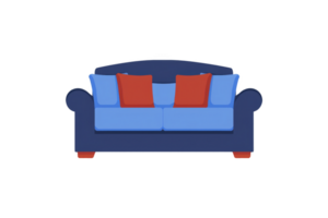 A comfortable blue sofa with red and blue cushions is depicted, showcasing modern and inviting design perfect for living room setting png