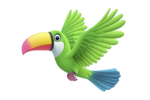 A vibrant, cartoon style green toucan with colorful beak is depicted in mid flight, showcasing its lively and playful nature. bird wings are spread wide, and its tail feathers are striking blue png