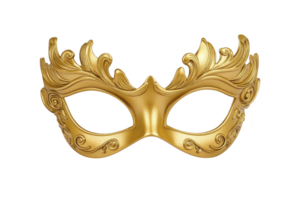 A decorative gold masquerade mask with intricate swirling patterns and elegant design, perfect for festive or mysterious event. mask exudes sense of luxury and sophistication png