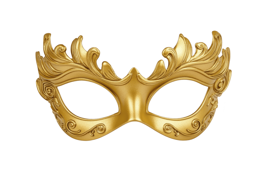 A decorative gold masquerade mask with intricate swirling