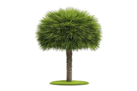 un esta muestra lozano, redondo, verde árbol con esbelto trompa, en pie en pequeño parche de césped. árbol denso follaje crea esférico forma, dando eso único y vibrante apariencia png