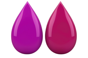 A Two glossy, colorful teardrop shapes in vibrant purple and pink stand side by side, reflecting light and creating smooth, shiny appearance. image conveys sense of modern design and simplicity png