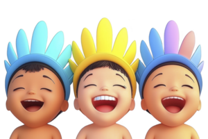 A Three joyful cartoon babies with colorful feathered headbands are laughing together, showcasing happiness and playfulness. headbands are blue, yellow, and pink, adding vibrant touch to scene png