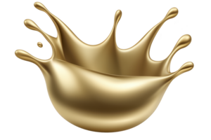 A splash of liquid in metallic gold color forms crown like shape, creating dynamic and luxurious visual effect. smooth texture and reflective surface enhance its elegance png