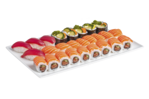 A variety of sushi rolls and nigiri are beautifully arranged on white rectangular plate, featuring fresh salmon, tuna, and avocado, creating vibrant and appetizing display png