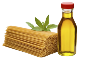 A bundle of uncooked spaghetti lies next to bottle of olive oil, with fresh basil leaves adding touch of green. arrangement suggests classic Italian meal preparation png