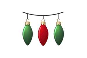 A Three colorful Christmas lights hang on string, featuring two green bulbs and one red bulb, creating festive and cheerful holiday atmosphere png
