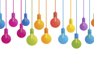 A Colorful light bulbs hanging in row, each with unique vibrant hue, creating lively and creative atmosphere. bulbs are evenly spaced, showcasing spectrum of colors png