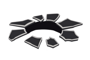 A set of broken, irregularly shaped black pieces with white edges arranged circular pattern, resembling shattered glass or fragmented object. pieces are scattered, creating dynamic and chaotic png