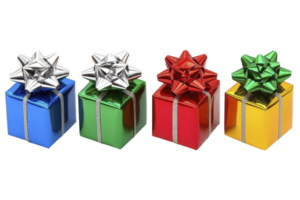 A Colorful gift boxes with shiny bows are arranged row, featuring blue, green, red, and yellow wrapping. Each box is adorned with metallic ribbon and large bow, creating festive and cheerful png