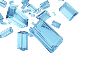 A Shiny blue crystal blocks floating in mid air, creating sense of weightlessness and elegance. transparent geometric shapes reflect light beautifully, adding touch of sophistication png