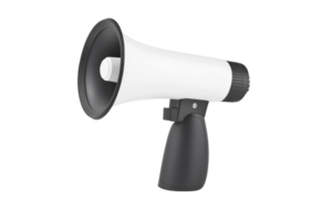 A black and white megaphone with sleek design is shown, featuring black handle and white horn. megaphone is angled to right, highlighting its modern and functional appearance png