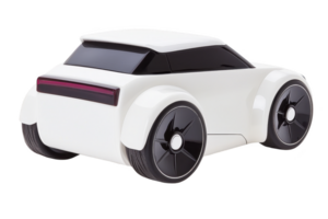 A sleek, futuristic white toy car with minimalist design and black wheels, showcasing modern aesthetic. car smooth curves and compact shape give it stylish and playful appearance png