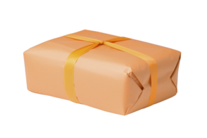A neatly wrapped gift box with orange paper and matching ribbon, creating festive and cheerful appearance, perfect for celebrations or special occasions png