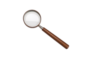 A magnifying glass with wooden handle and metal rim is isolated on transparency background, showcasing its simplicity and functionality png