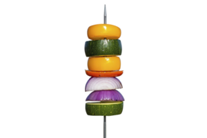 A Grilled vegetable skewer with vibrant colors including yellow bell pepper, zucchini, and red onion, perfect for healthy barbecue png