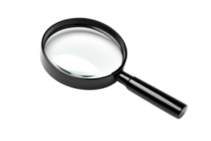 A black magnifying glass with clear lens is shown on transparency background, highlighting its sleek design and functionality png