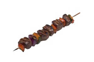A Grilled beef skewer with colorful vegetables on wooden stick, featuring juicy meat and vibrant peppers and onions, perfect for barbecue or picnic png