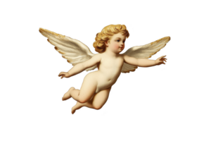A cherubic angel with golden curls and delicate wings is depicted in mid flight, exuding sense of innocence and grace. angel serene expression adds to ethereal atmosphere png
