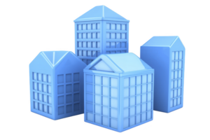 A group of stylized blue 3D buildings with geometric shapes and modern design, evoking futuristic cityscape. structures are uniform in color, creating cohesive and minimalist aesthetic png