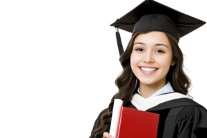 A smiling graduate in cap and gown holds diploma and red book, symbolizing academic achievement and success. image conveys sense of accomplishment and joy png