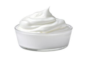 A glass bowl filled with creamy, smooth yogurt sits against plain background, showcasing its rich texture and inviting appearance. yogurt glossy surface and soft peaks suggest freshness png