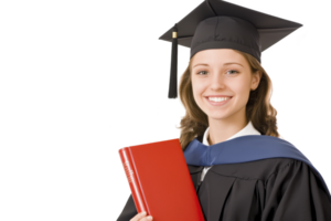 A smiling graduate in cap and gown holds red book, symbolizing academic achievement and success. image conveys sense of accomplishment and joy png