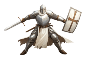 A medieval knight in shining armor stands ready for battle, holding sword and shield with cross. knight stance is defensive yet poised for action, evoking sense of bravery png