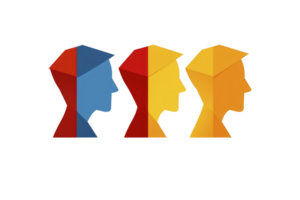 A Geometric illustration of three human profiles in blue, yellow, and orange, showcasing modern and abstract design. profiles are aligned side by side, creating visually striking composition png