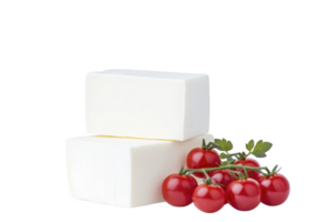 A Two blocks of white cheese are stacked beside cluster of fresh, vibrant cherry tomatoes, creating delightful contrast. scene is simple yet appetizing, perfect for culinary inspiration png