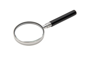 A magnifying glass with black handle and silver rim is isolated on transparency background, symbolizing investigation and curiosity png