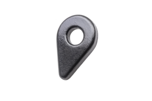 A metallic, teardrop shaped object with central hole, possibly used as mechanical component or fastener, is displayed against plain background. surface appears textured and industrial png