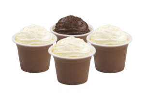 A Four small dessert cups are arranged with three containing creamy vanilla pudding topped with whipped cream, and one filled with rich chocolate pudding. presentation is simple yet inviting png