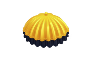A shiny, golden, dome shaped object with ribbed texture and small knob on top, casting shadow on transparency background. object resembles decorative lid or cover png