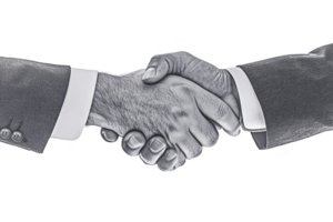 A grayscale image of two hands shaking, symbolizing agreement and partnership. hands are in focus, with one wearing suit, indicating professional setting png