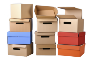 A stack of colorful cardboard boxes, including blue, red, and brown, is arranged in variety of sizes, some open and some closed, ideal for storage or moving png