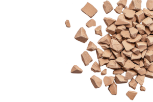 A Crushed beige makeup powder scattered on transparency background, showcasing various sizes of broken pieces. texture is rough and color is warm, neutral tone png