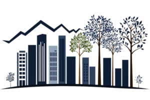 A stylized illustration of cityscape with tall buildings and trees, set against backdrop of mountains. image combines urban and natural elements, creating harmonious balance png