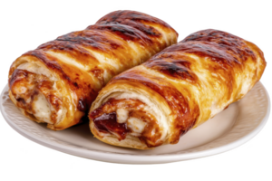 A Two golden brown pastries filled with sweet, sticky filling are placed on white plate, showcasing deliciously flaky texture and glossy finish png